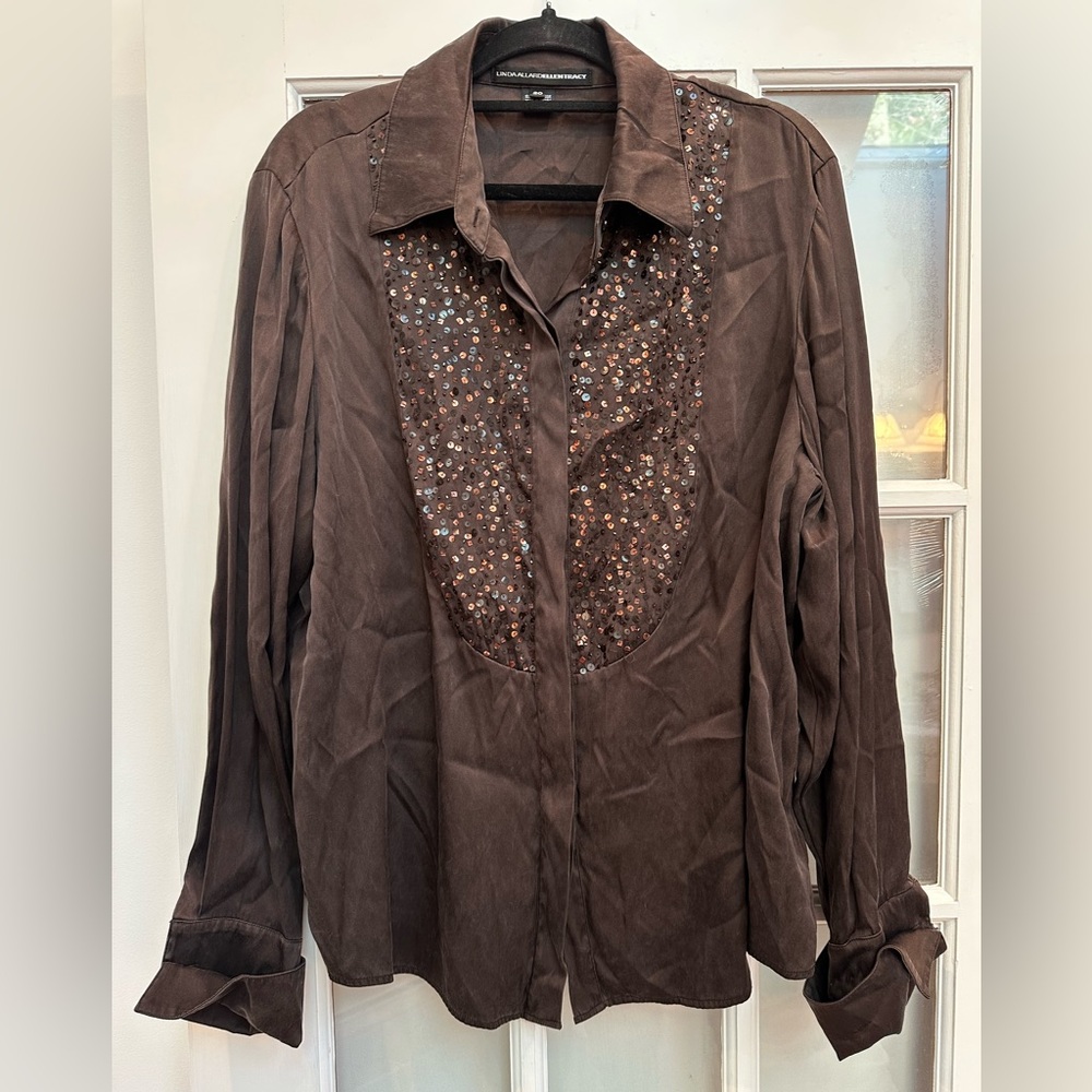 LINDA ALLARD ELLEN TRACY 100% Silk Brown Sequin Blouse Top Formal Plus Size 20